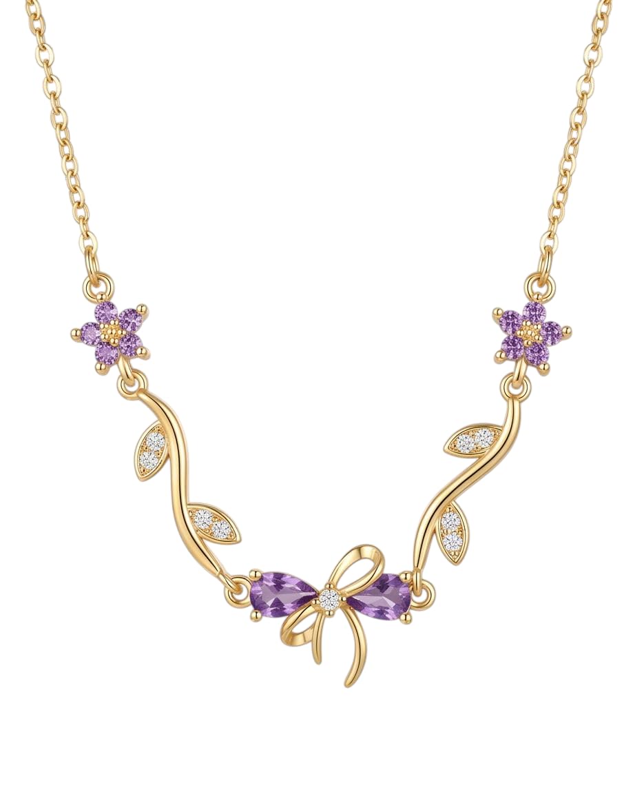 rawnq Gold Plated Stainless Steel Flower & Ribbon Bow Necklace for Women