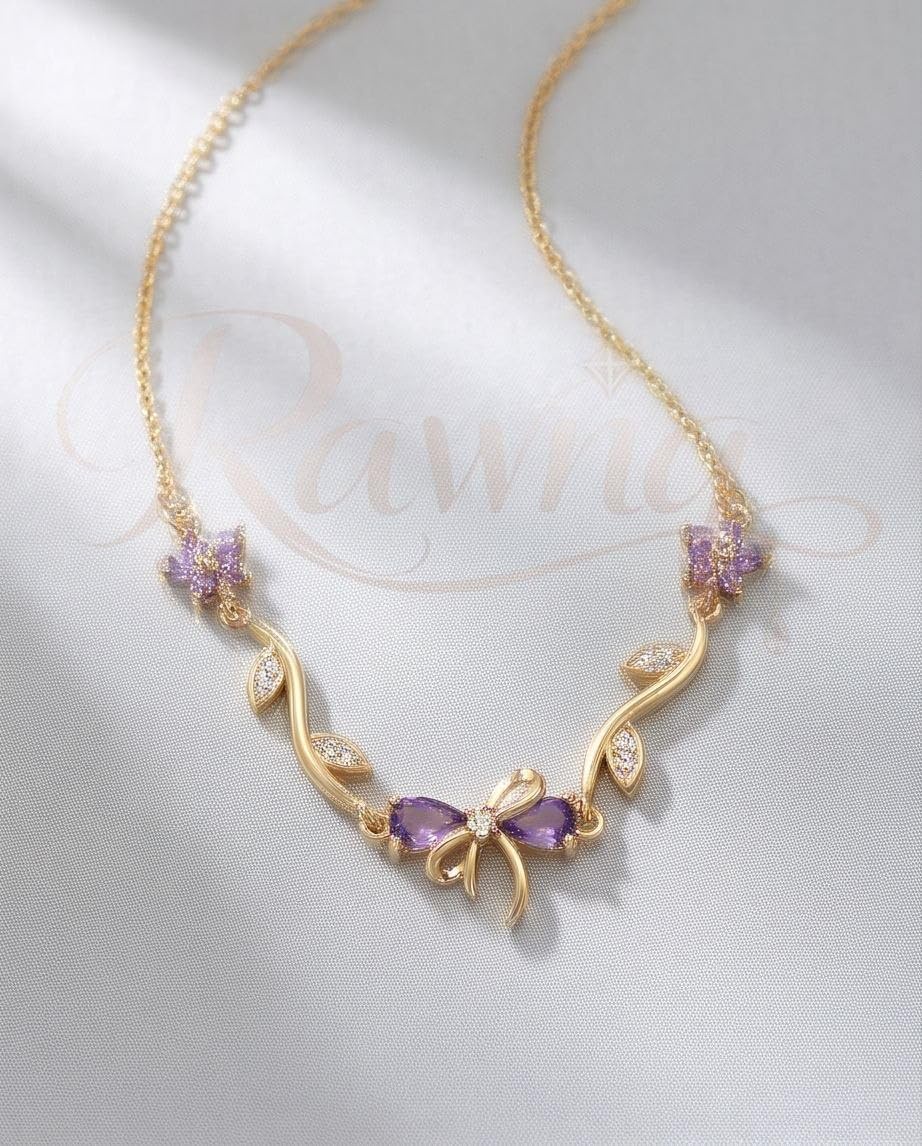rawnq Gold Plated Stainless Steel Flower & Ribbon Bow Necklace for Women