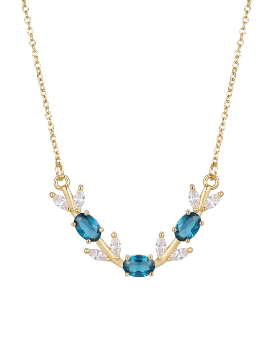 rawnq Gold Plated Stainless Steel Olive Branch Leaf Necklace for Women - Blue