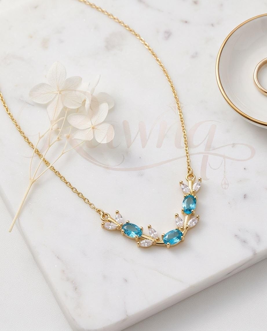 rawnq Gold Plated Stainless Steel Olive Branch Leaf Necklace for Women - Blue