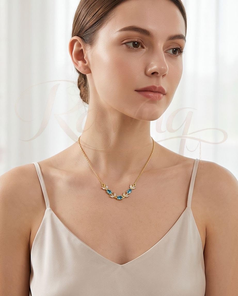 rawnq Gold Plated Stainless Steel Olive Branch Leaf Necklace for Women - Blue