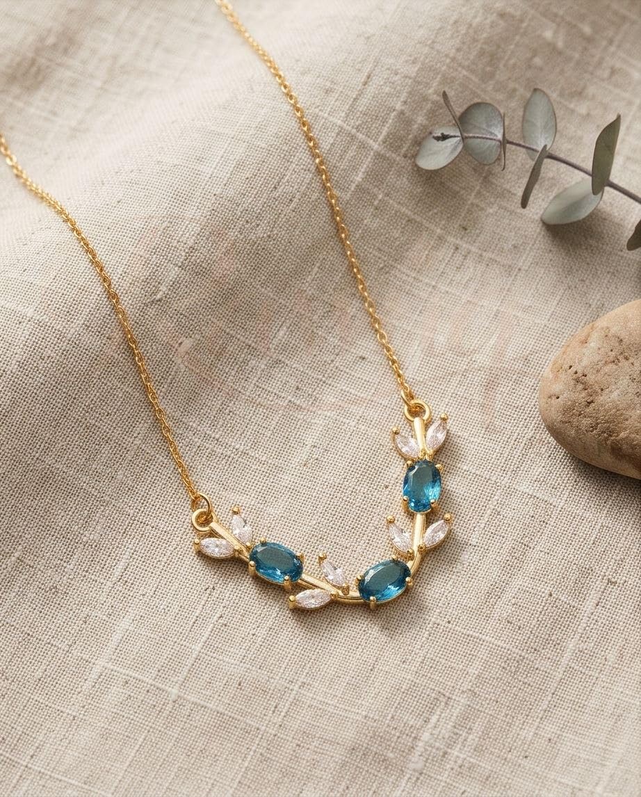 rawnq Gold Plated Stainless Steel Olive Branch Leaf Necklace for Women - Blue