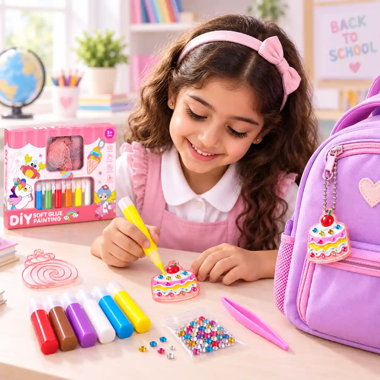طفلة تصنع ميدالية وميدالية أخرى معلقة على شنطة المدرسة