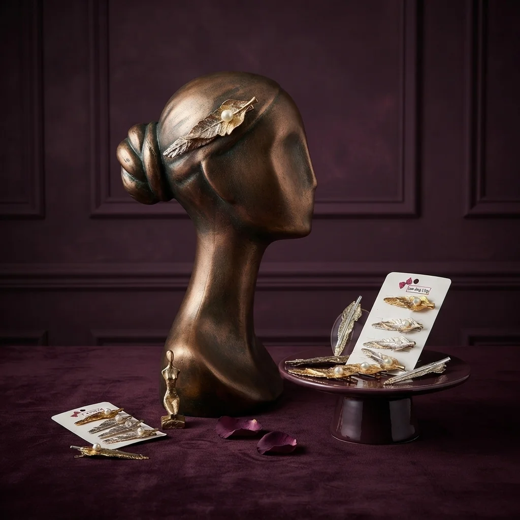 مشبك شعر معدني بتصميم ريشة ولؤلؤة فخمة