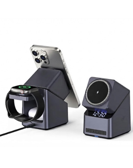 4-in-1 15W Magnetic Wireless Charging Station with Digital Alarm Clock & Watch Stand