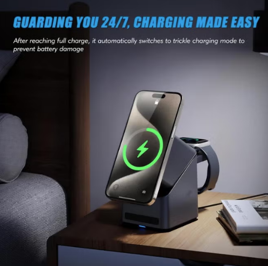4-in-1 15W Magnetic Wireless Charging Station with Digital Alarm Clock & Watch Stand
