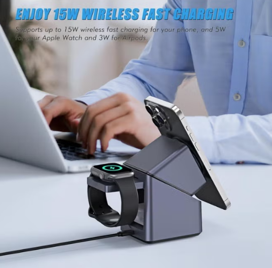 4-in-1 15W Magnetic Wireless Charging Station with Digital Alarm Clock & Watch Stand