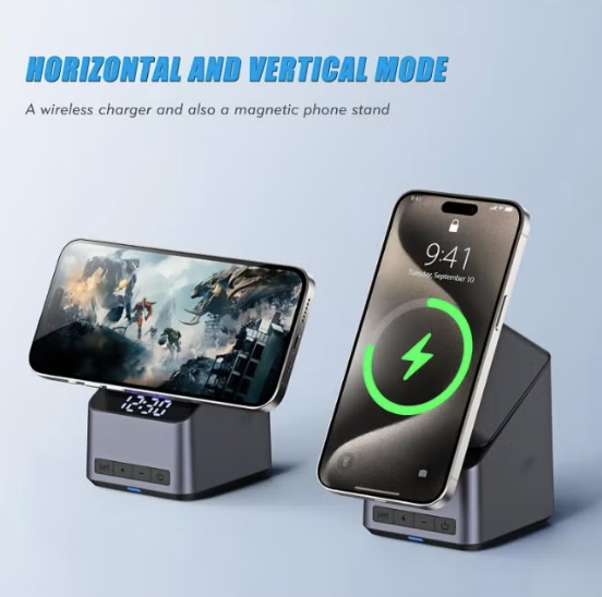 4-in-1 15W Magnetic Wireless Charging Station with Digital Alarm Clock & Watch Stand