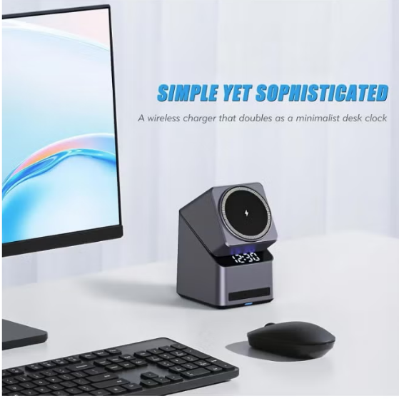 4-in-1 15W Magnetic Wireless Charging Station with Digital Alarm Clock & Watch Stand