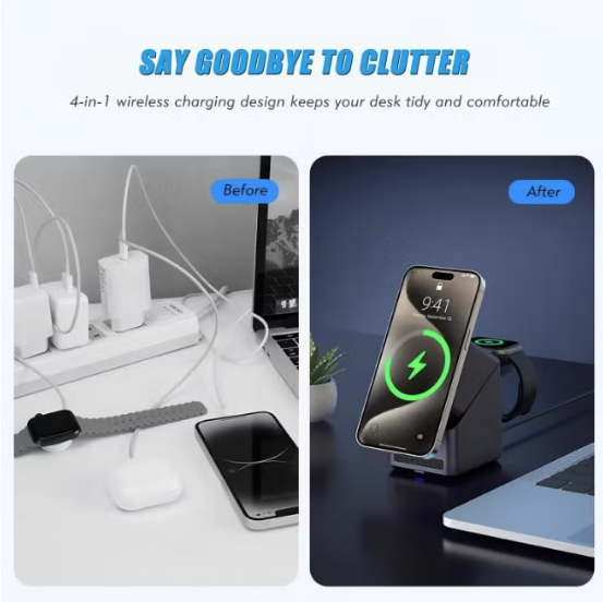 4-in-1 15W Magnetic Wireless Charging Station with Digital Alarm Clock & Watch Stand