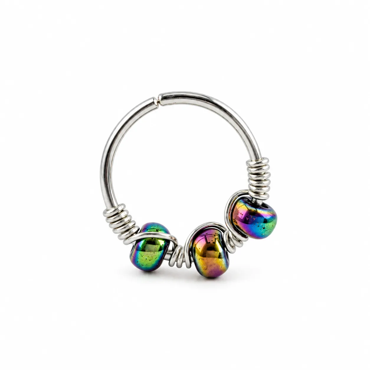 Silver Hoop with Three Multicolor beads