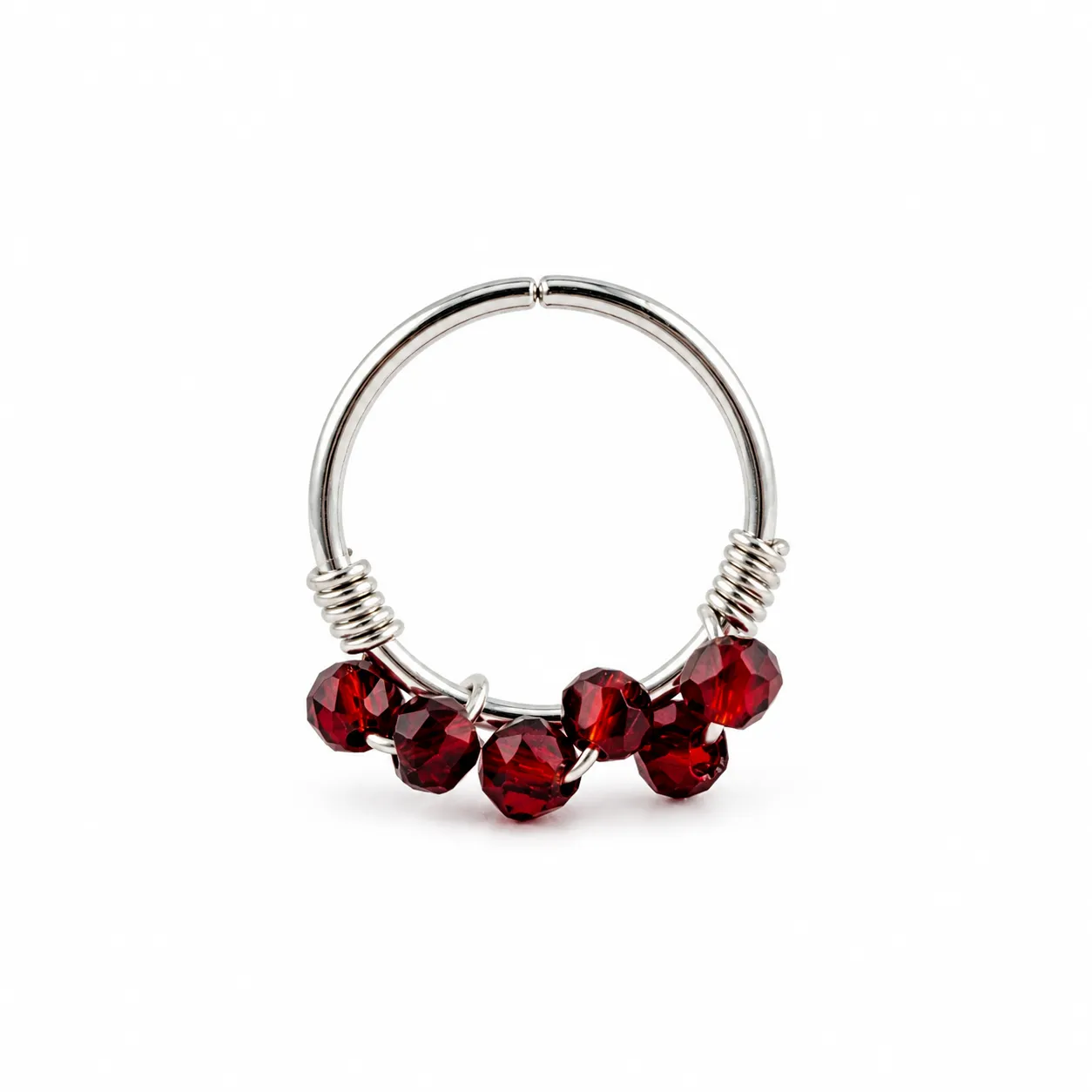 Silver Hoop with Red sextuple beads