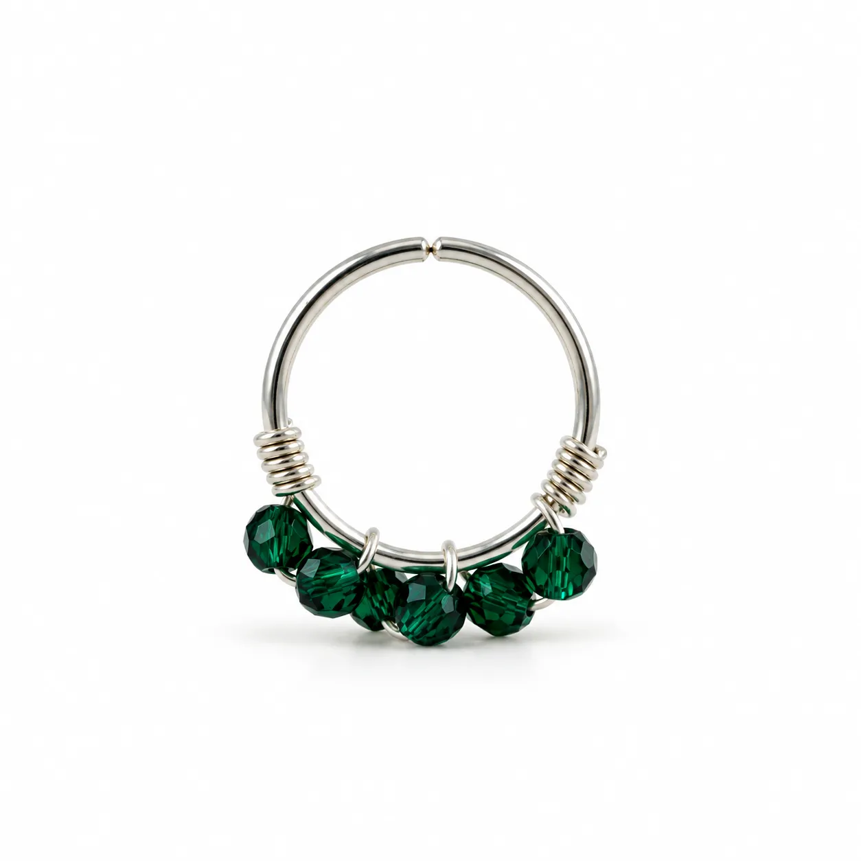 Silver Hoop with Green sextuple beads