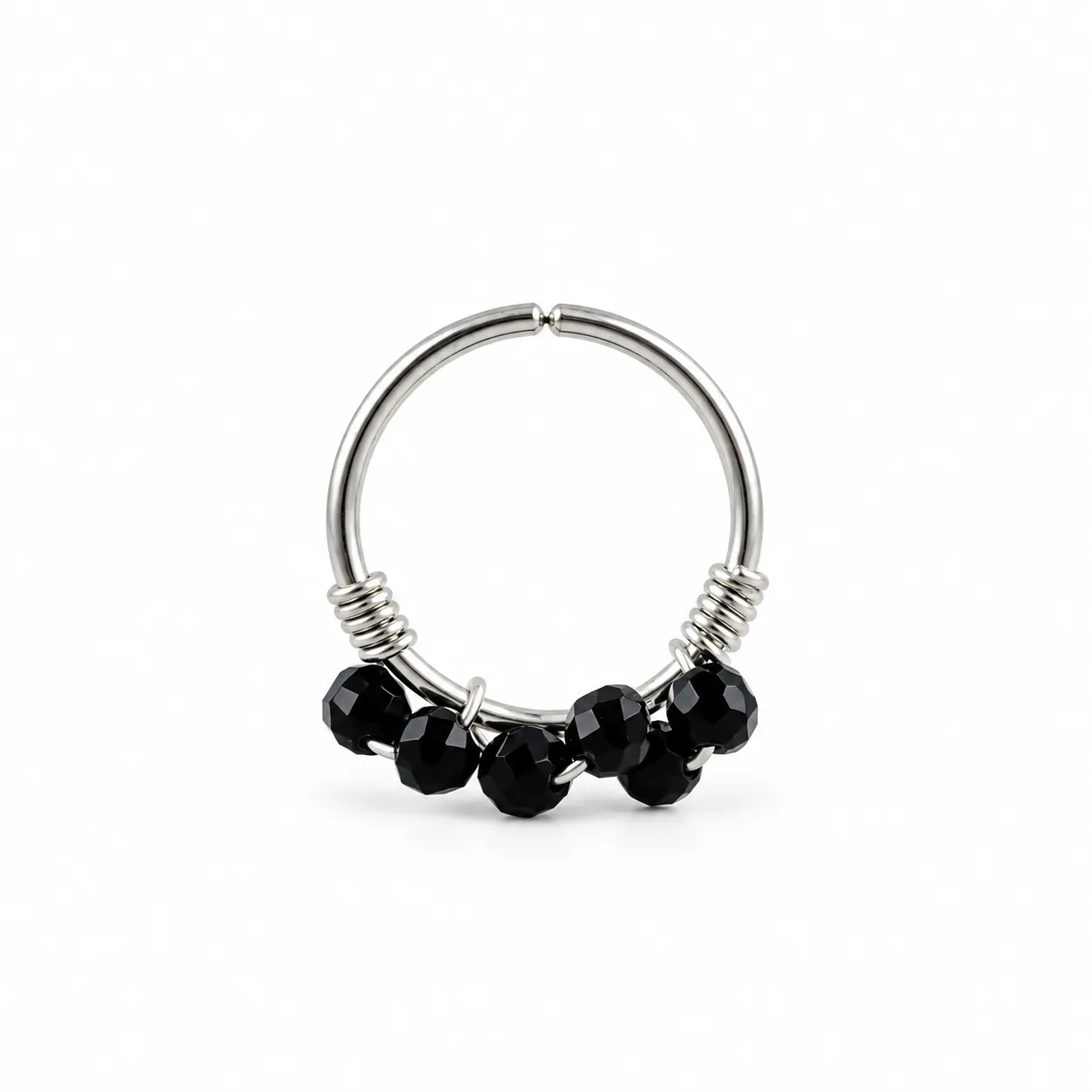 Silver Hoop with Black sextuple beads