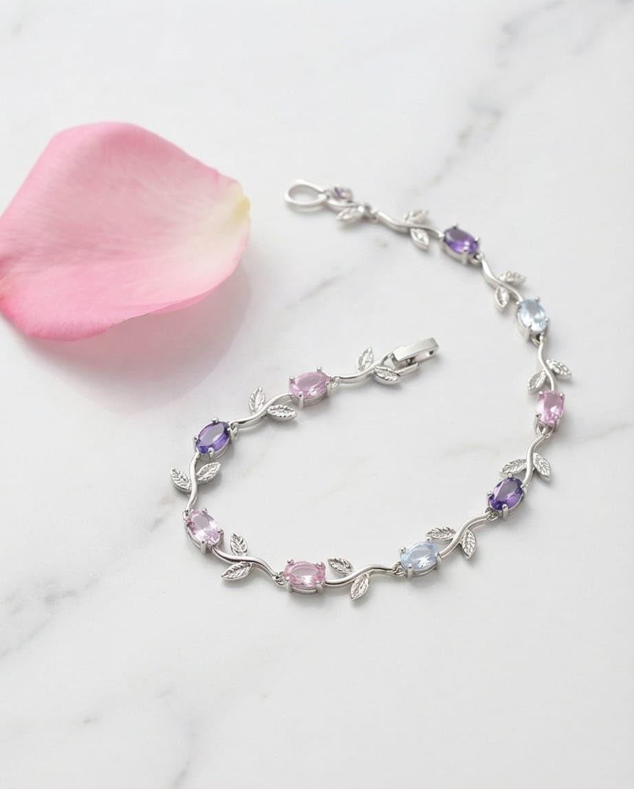 rawnq Silver Plated Stainless Steel Pastel Crystal Leaf Vine Bracelet for Women