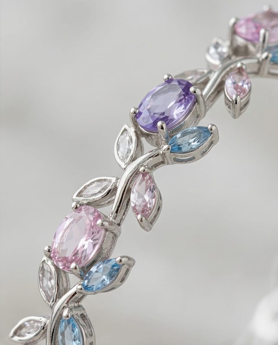 rawnq Silver Plated Stainless Steel Pastel Crystal Leaf Vine Bracelet for Women