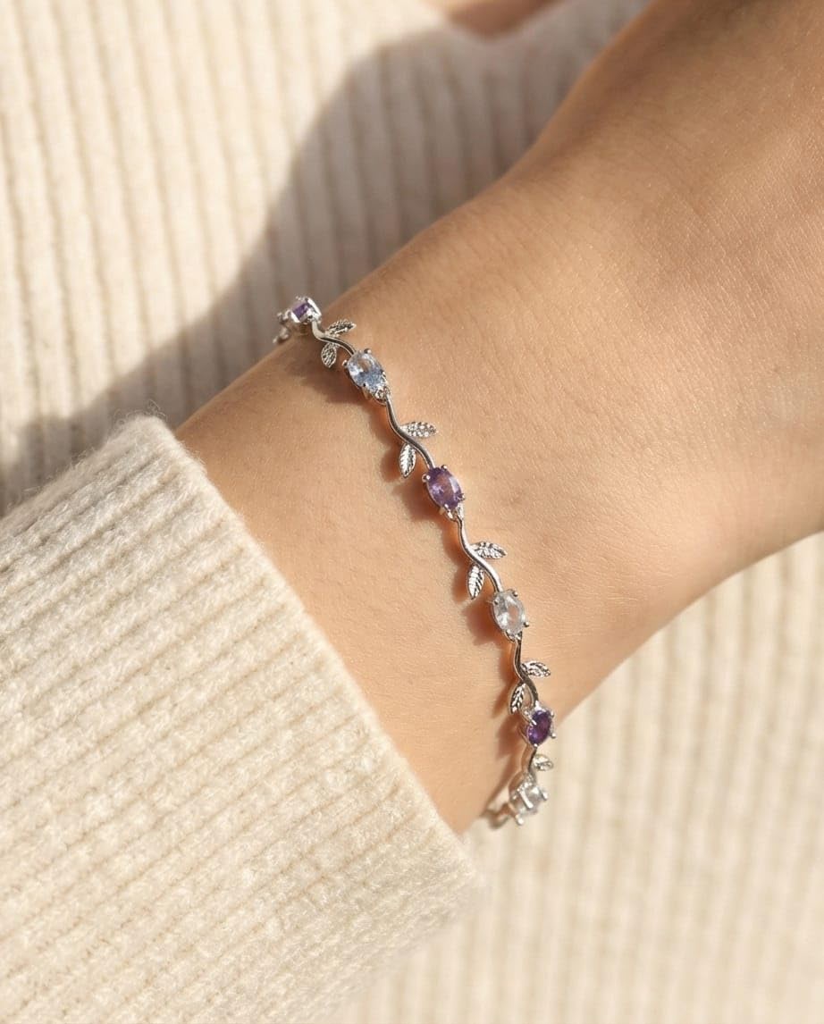 rawnq Silver Plated Stainless Steel Pastel Crystal Leaf Vine Bracelet for Women