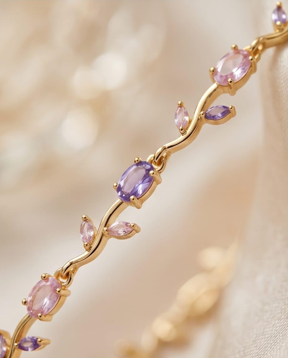 rawnq Plated Stainless Steel Multicolor Pink Purple Cubic Zirconia Bracelet for Women