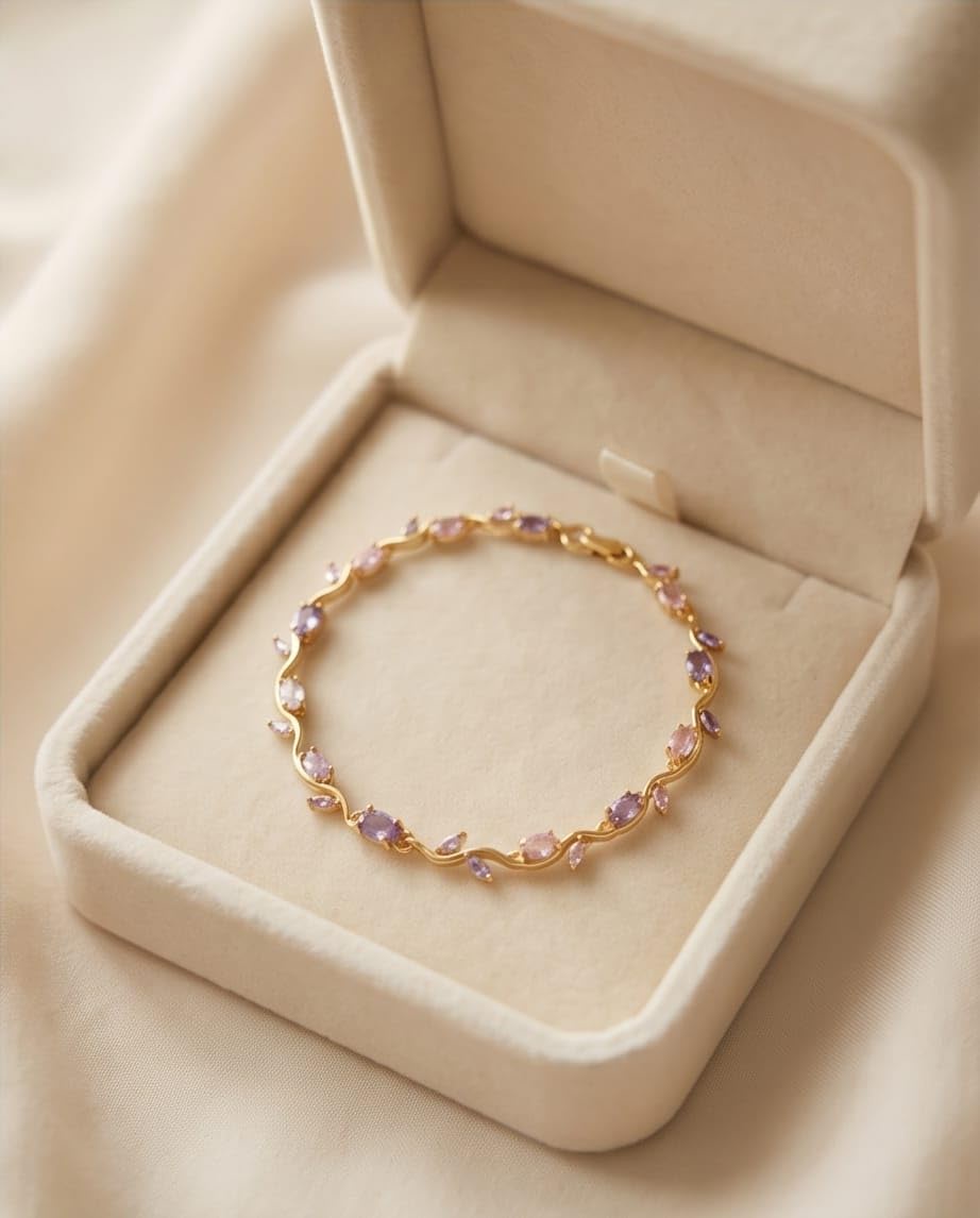 rawnq Plated Stainless Steel Multicolor Pink Purple Cubic Zirconia Bracelet for Women