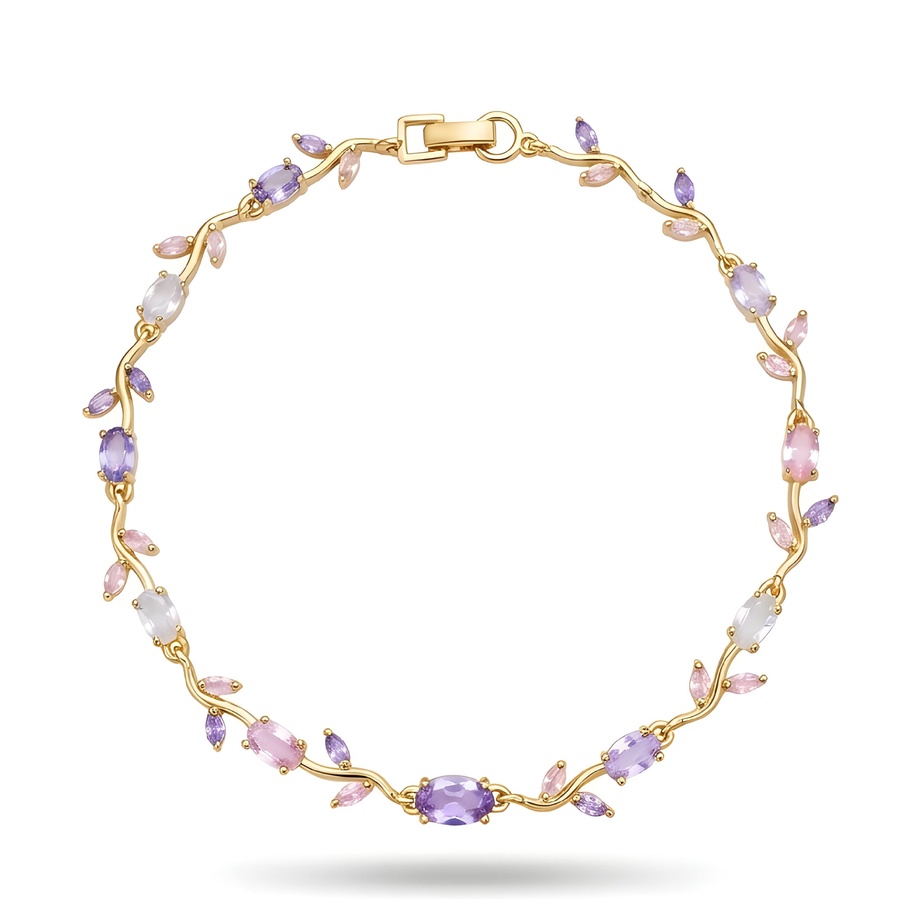 rawnq Plated Stainless Steel Multicolor Pink Purple Cubic Zirconia Bracelet for Women