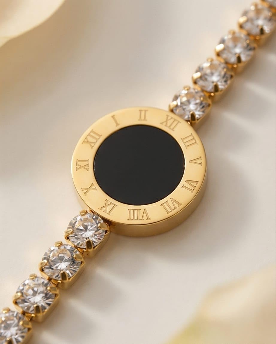 Gold Plated Tennis Bracelet for Women – Roman Numeral Medallion with Black Onyx