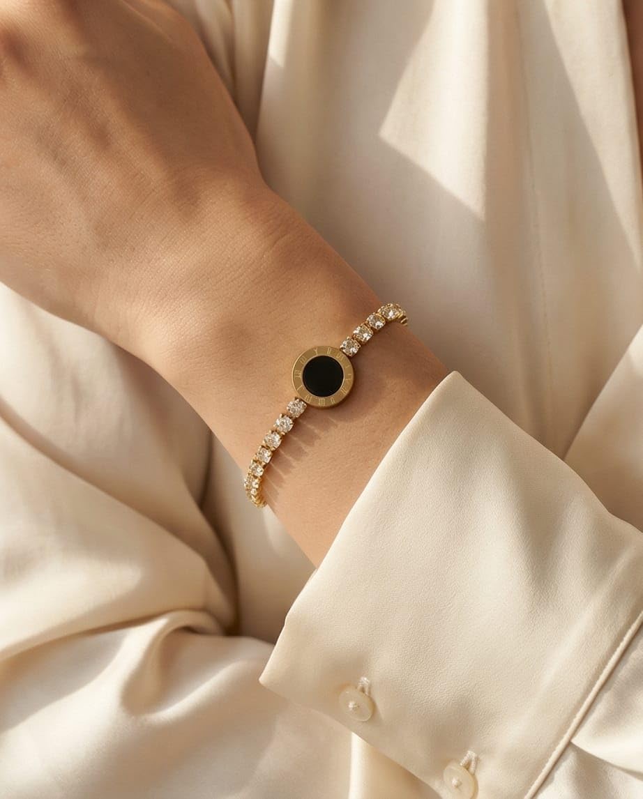 Gold Plated Tennis Bracelet for Women – Roman Numeral Medallion with Black Onyx