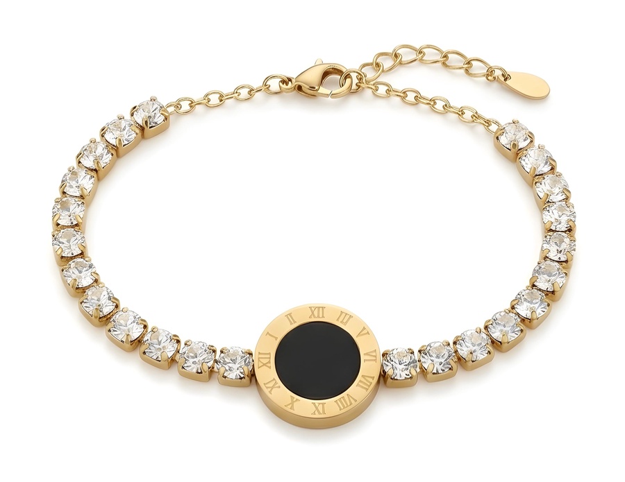 Gold Plated Tennis Bracelet for Women – Roman Numeral Medallion with Black Onyx