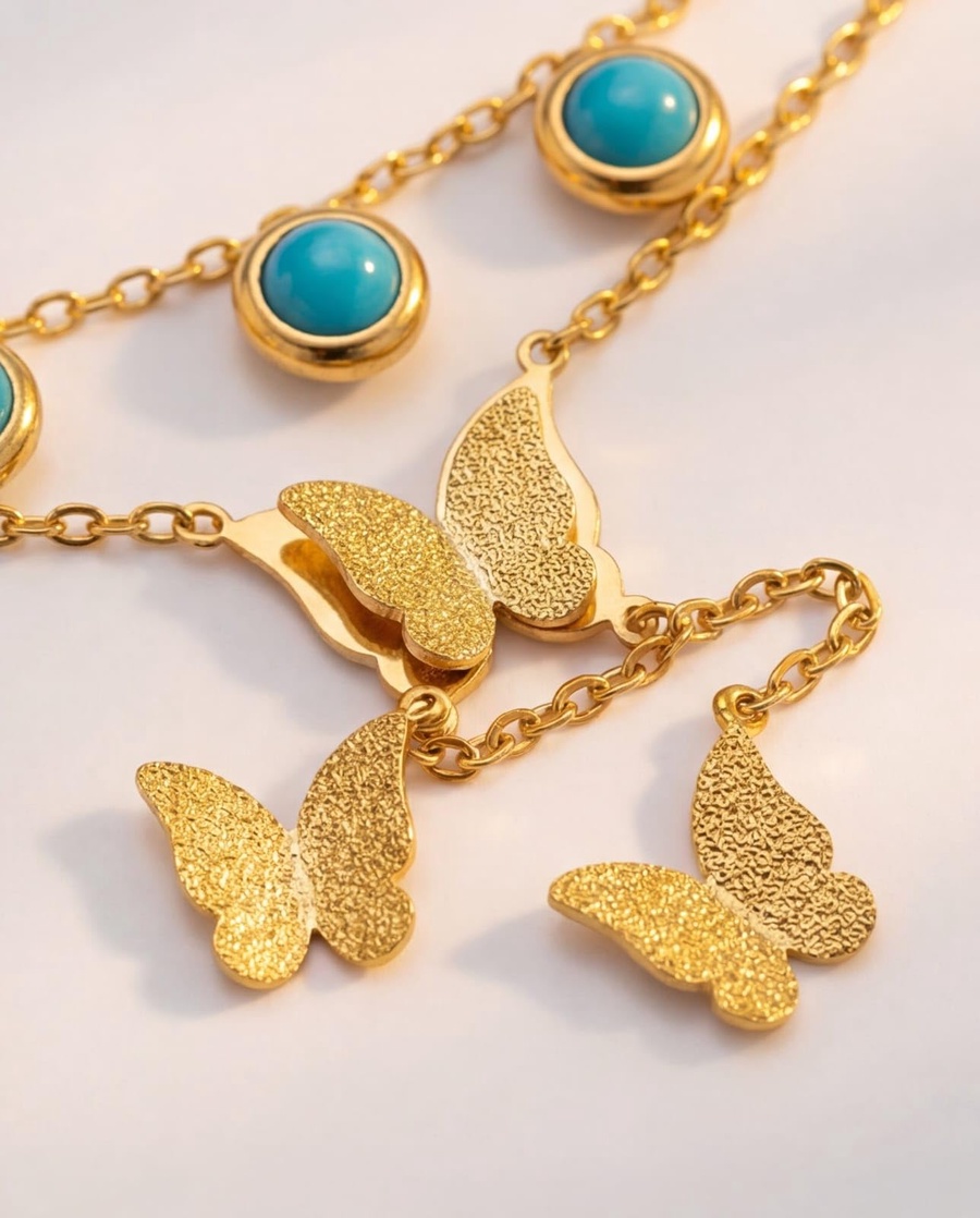  Rawnq Stainless Steel Gold Plated Double Layer Anklet for Women – Turquoise Bead & Butterfly Charm Dangle