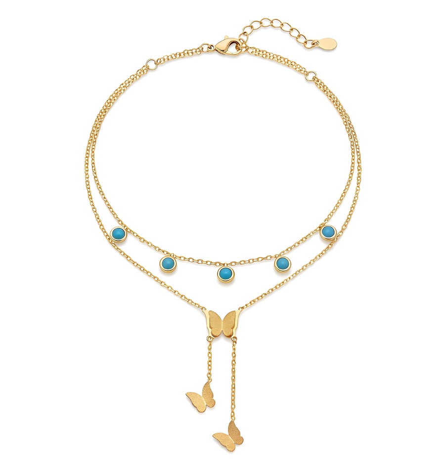  Rawnq Stainless Steel Gold Plated Double Layer Anklet for Women – Turquoise Bead & Butterfly Charm Dangle