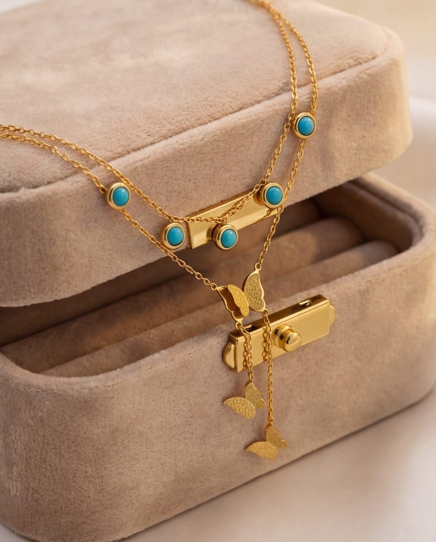  Rawnq Stainless Steel Gold Plated Double Layer Anklet for Women – Turquoise Bead & Butterfly Charm Dangle