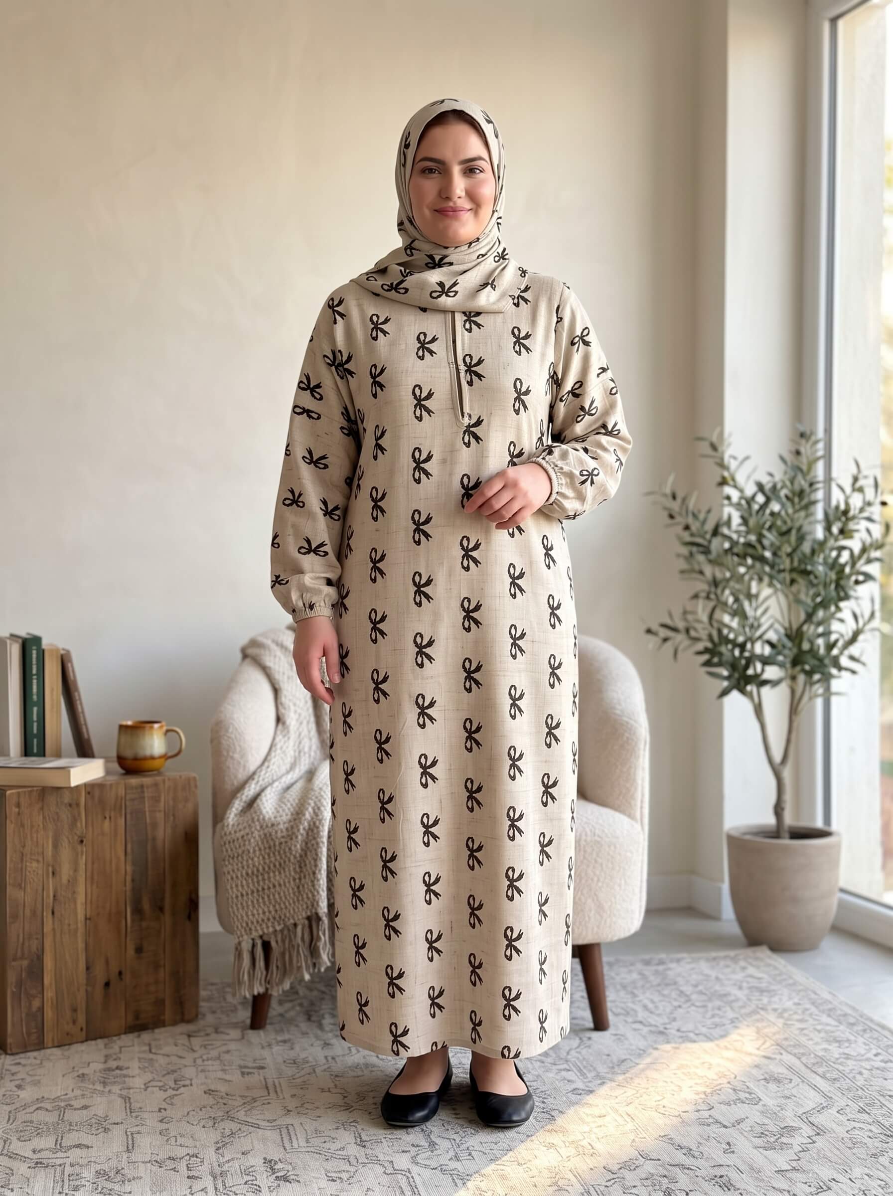 إسدال صلاة وخروج حريمي فاخر | إسدال بيج بنقوش الفيونكات السوداء الملكية تصميم راقي
