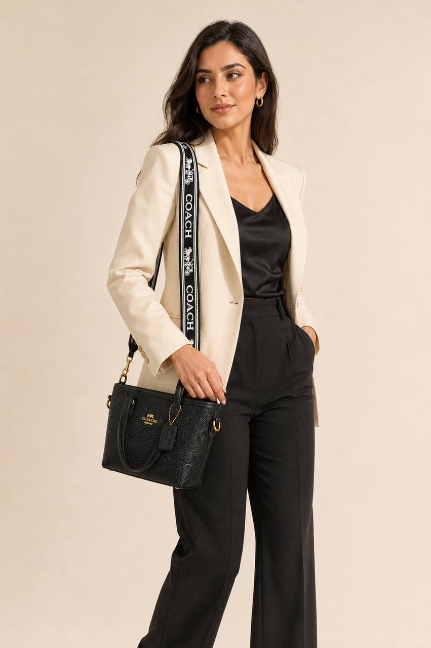Coach Mini City Tote In Debossed Signature Leather Black