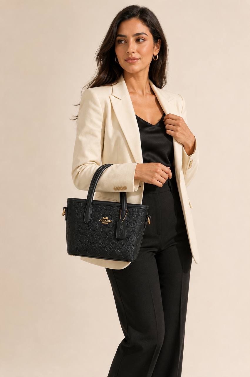 Coach Mini City Tote In Debossed Signature Leather Black