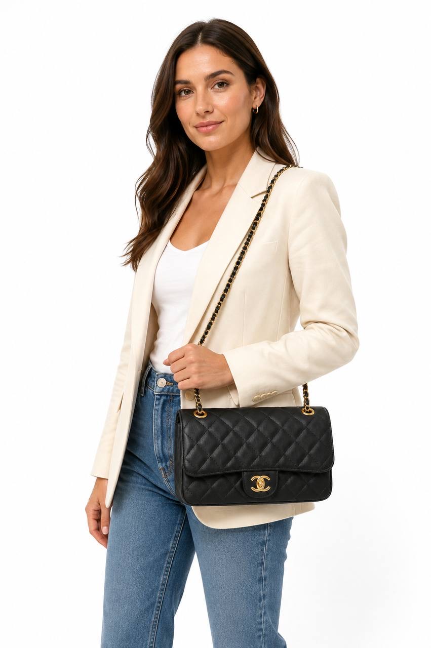 Chanel Classic Medium Double Flap Bag Quilted Leather With Braided Chain