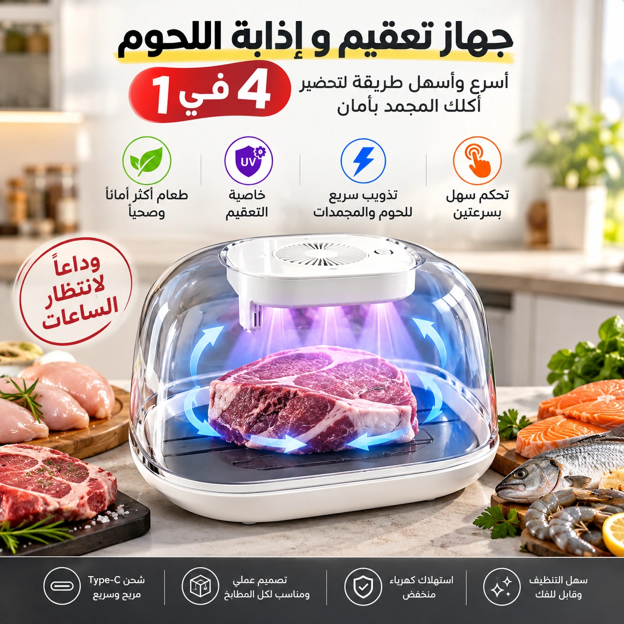 جهاز تعقيم وإذابة اللحوم الذكي 4 في 1