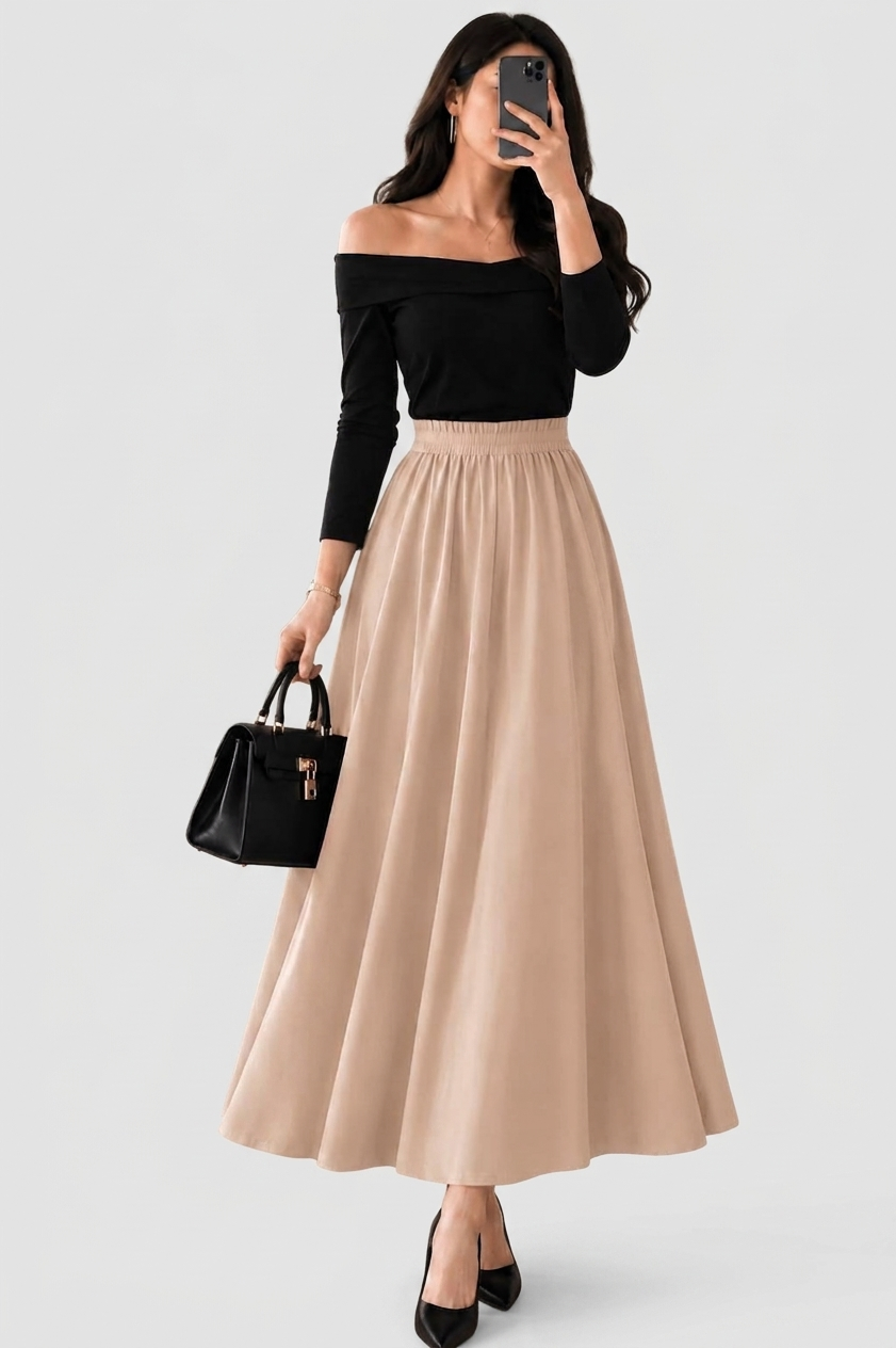 Peacock Double Godet Skirt | جيبة طاووس دبل كلوش سادة