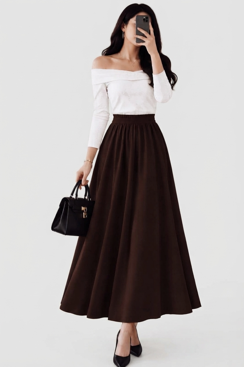 Peacock Double Godet Skirt | جيبة طاووس دبل كلوش سادة