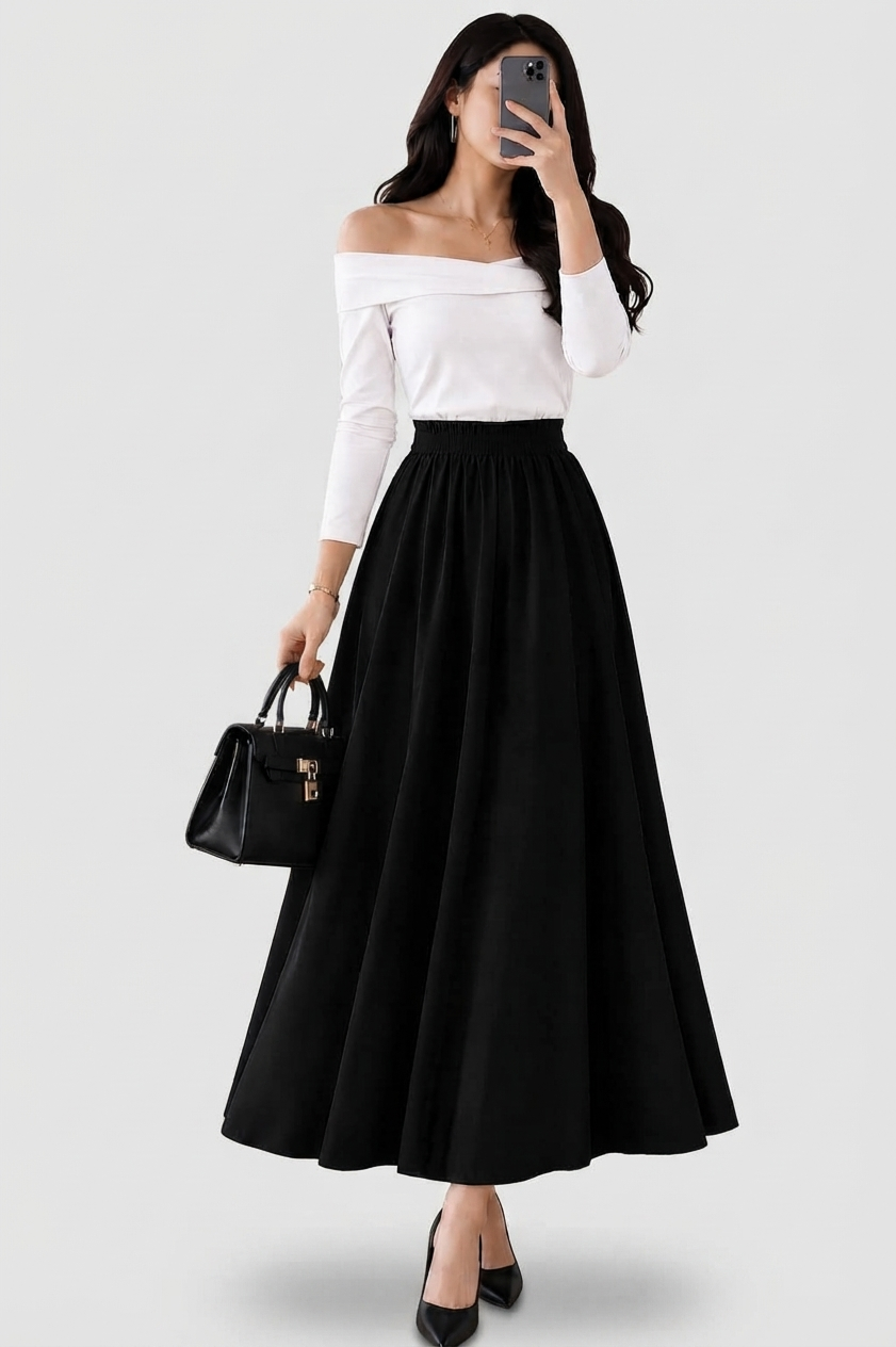 Peacock Double Godet Skirt | جيبة طاووس دبل كلوش سادة