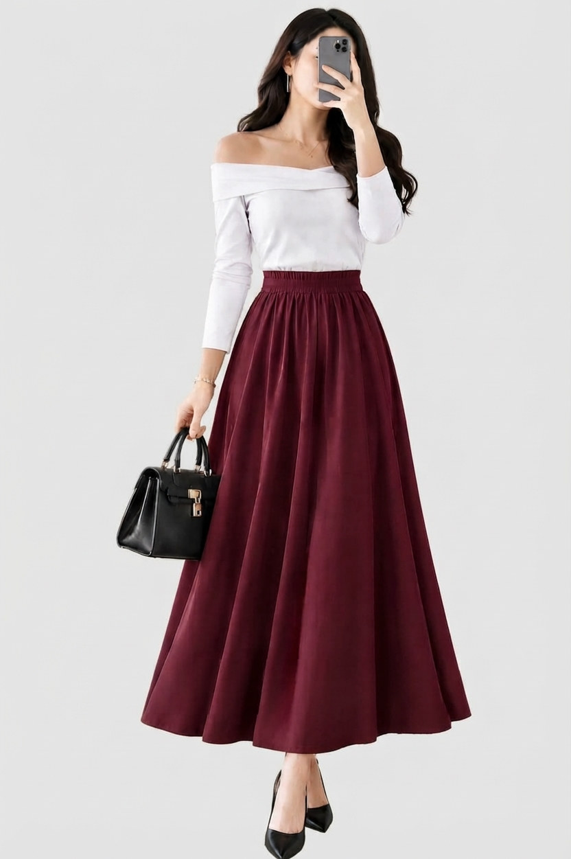 Peacock Double Godet Skirt | جيبة طاووس دبل كلوش سادة