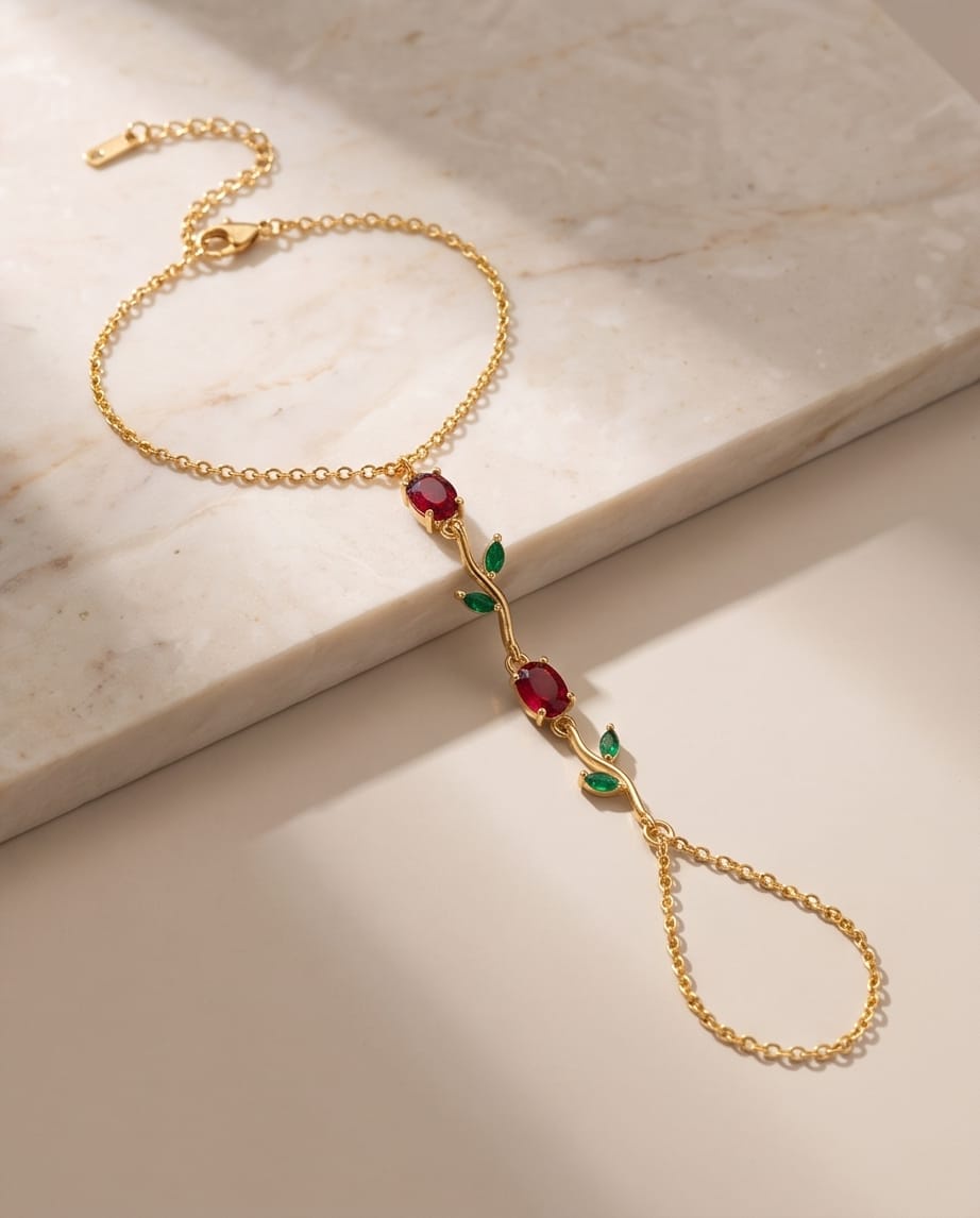 rawnq Gold Plated Stainless Steel Red Rose Flower Hand Chain Bracelet for Women