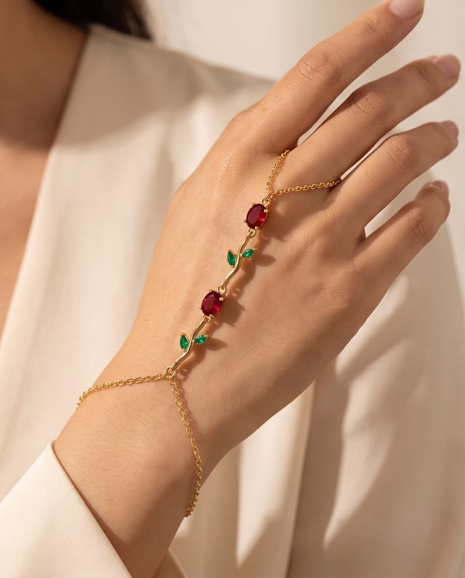 rawnq Gold Plated Stainless Steel Red Rose Flower Hand Chain Bracelet for Women