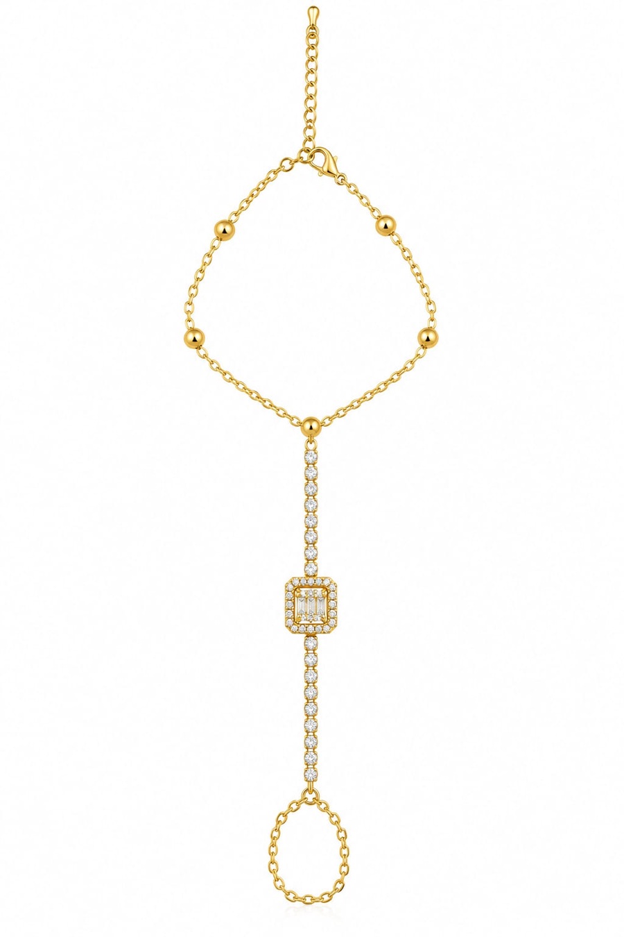 rawnq Gold Plated Stainless Steel Baguette Cubic Zirconia Hand Chain Bracelet for Women