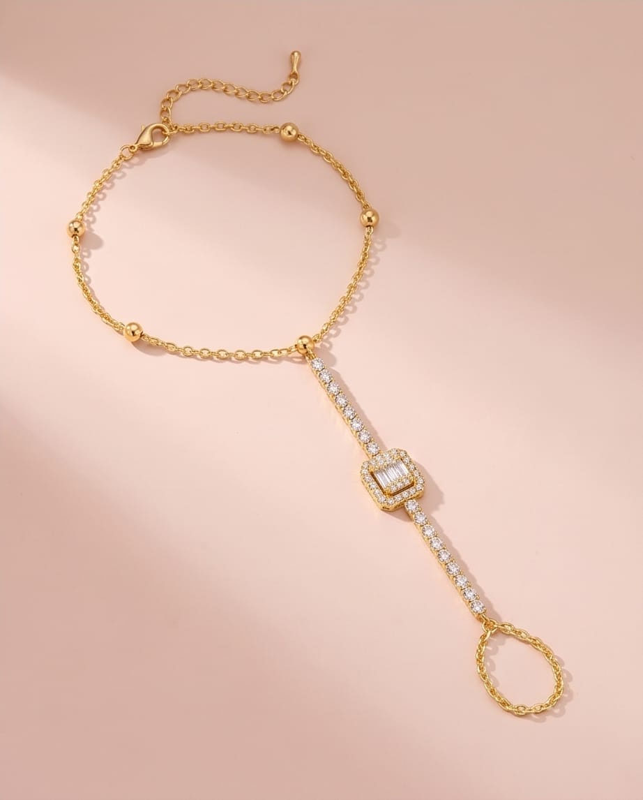rawnq Gold Plated Stainless Steel Baguette Cubic Zirconia Hand Chain Bracelet for Women