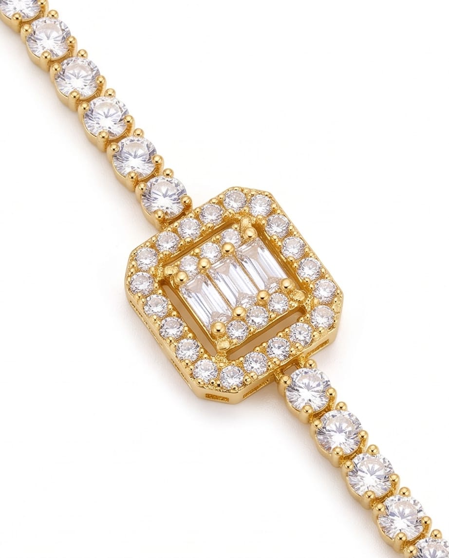 rawnq Gold Plated Stainless Steel Baguette Cubic Zirconia Hand Chain Bracelet for Women