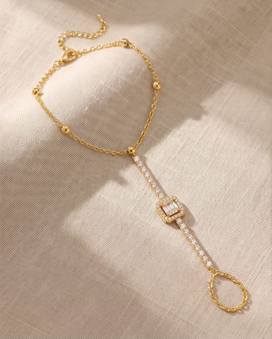 rawnq Gold Plated Stainless Steel Baguette Cubic Zirconia Hand Chain Bracelet for Women