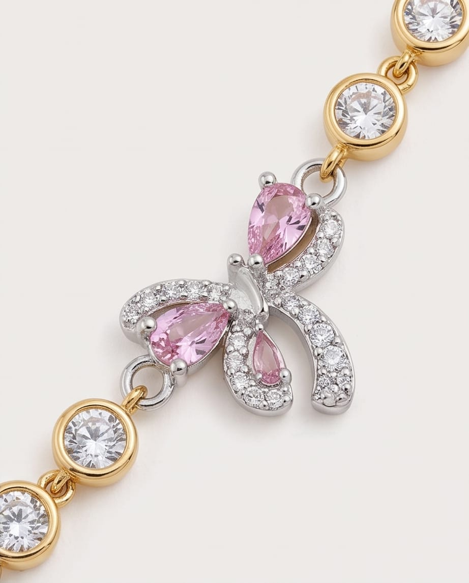 rawnq Gold Plated Stainless Steel Pink Butterfly Hand Chain Bracelet for Women