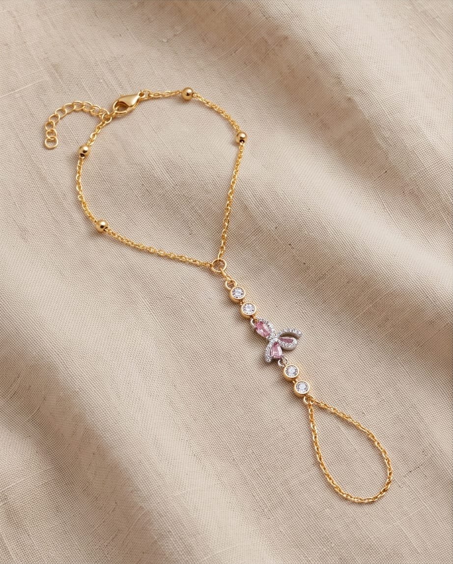 rawnq Gold Plated Stainless Steel Pink Butterfly Hand Chain Bracelet for Women