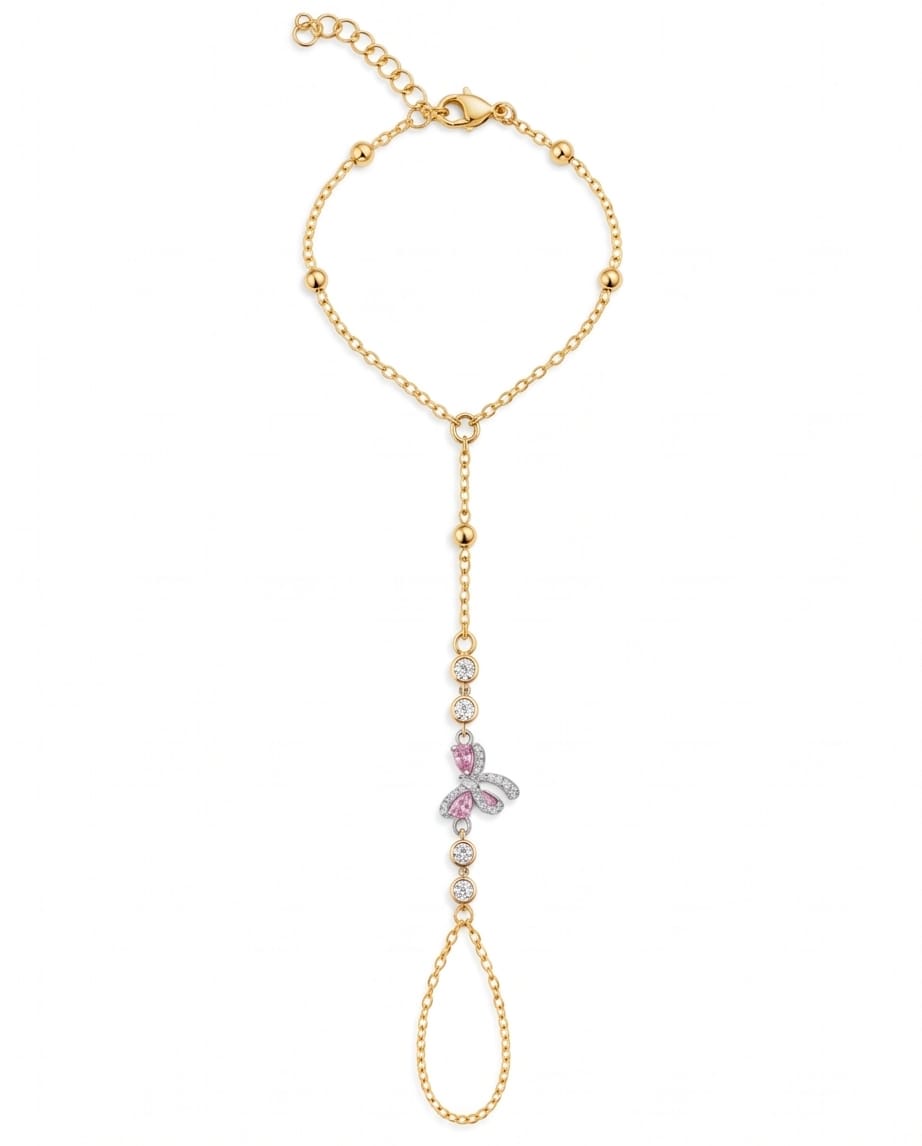 rawnq Gold Plated Stainless Steel Pink Butterfly Hand Chain Bracelet for Women