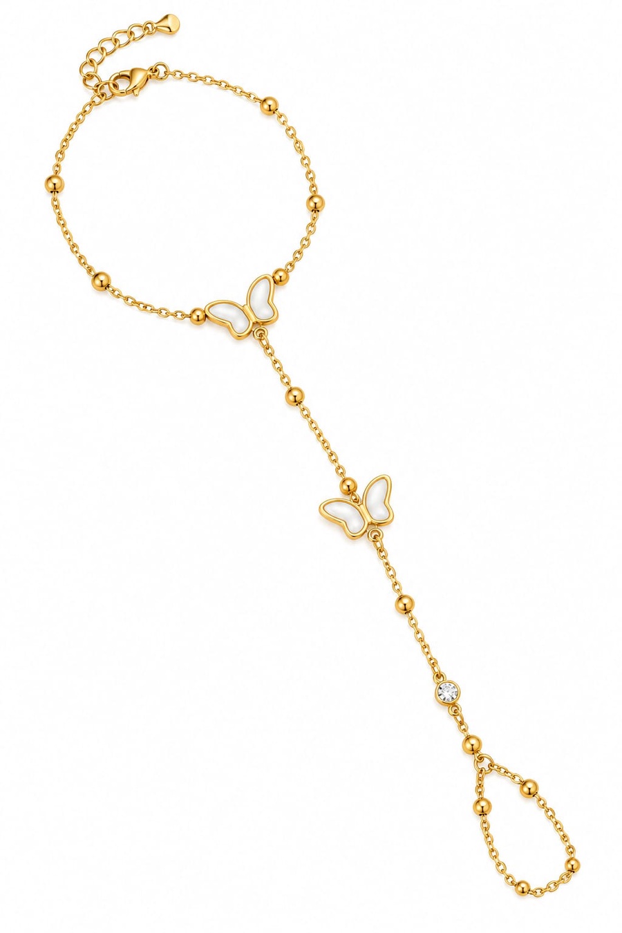 RAWNQ Gold Stainless Steel Butterfly Hand Chain Bracelet - Mother of Pearl & Cubic Zirconia
