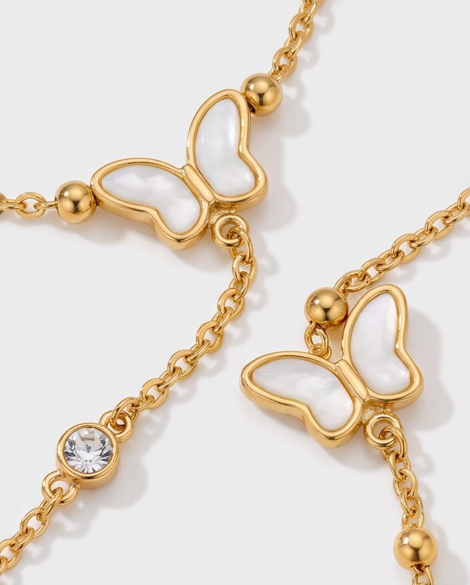 RAWNQ Gold Stainless Steel Butterfly Hand Chain Bracelet - Mother of Pearl & Cubic Zirconia